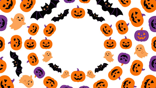 カボチャやおばけ、コウモリたちが「ふんわり」と輪になった、ハロウィン用の円形フレームです。ポップで「なめらか」な質感が、イベントの「喜び」や「幸福」を演出します。中央の余白は告知やメッセージに最適です。