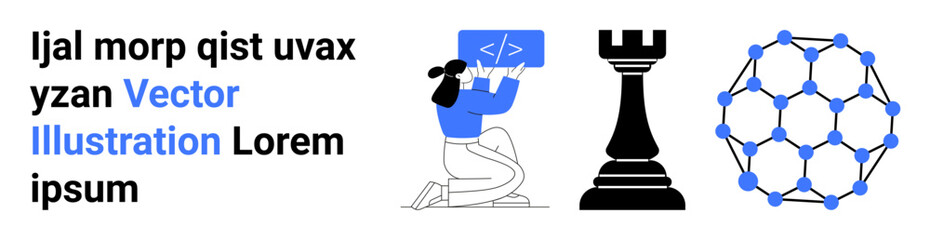 Programming, strategic thinking, technology planning, connectivity, innovation, futuristic concepts. Woman coding, chess rook molecular network. Programming and strategic thinking © robu_s