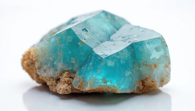 Blue zircon crystal cluster on rough matrix, natural mineral specimen, sharp geometric facets, translucent aqua blue, detailed macro view, isolated on white.