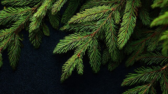Close-up of vibrant evergreen fir branches against a textured dark background