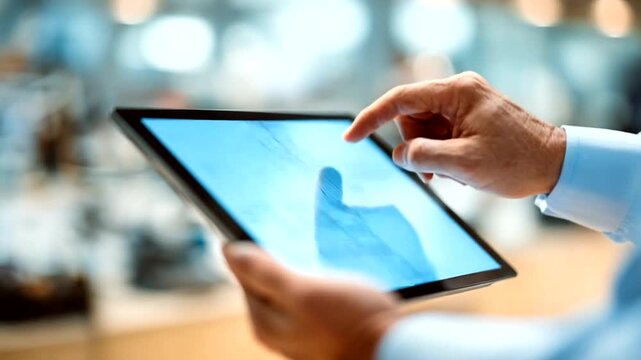 Close-up of a person using a tablet computer with a touch screen interface.
