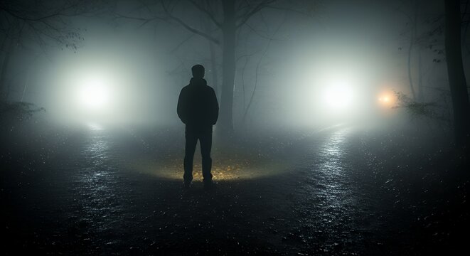 A person stands in thick fog facing two faintly illuminated paths The destination of each path is unclear The scene conveys uncertainty and unknown outcomes Atmospheric and symbolic