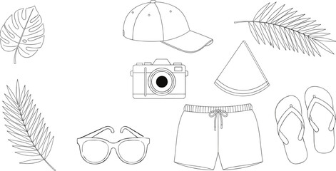 Line Art Vector of Tropical Summer Vacation Vector Set with Beach Apparel, Swimwear, Camera, Sunglasses, and Monstera Palm Leaves