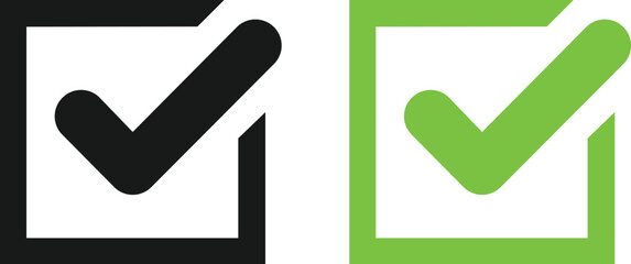Simple check mark icons in black and green squares, representing confirmation, success, or completion. Minimalist vector art for design projects.