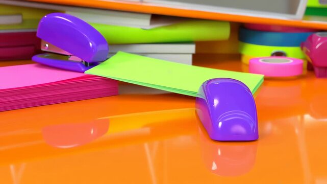 Colorful plastic stapler and sticky notes in purple pink and green colors on glossy orange table
