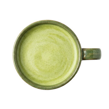 Detailed frothy green creamy matcha latte beverage in a ceramic mug transparent background