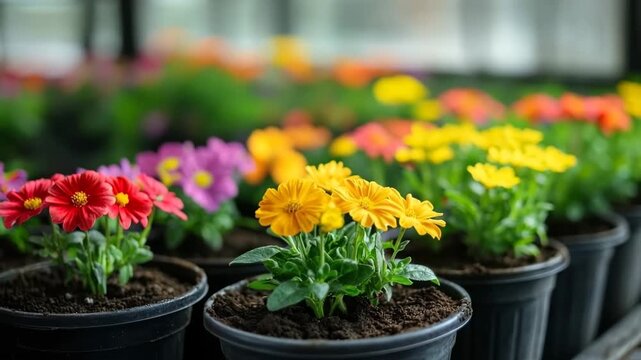 Rows of colorful spring flowers in pots growing inside a plant nursery with a shallow depth of field