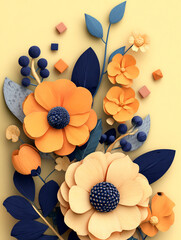 A vibrant 3D clay-style bouquet featuring cute pastel flowers and textured leaves. The artistic composition uses an orange backdrop with blue and green accents for a cheerful, tactile feel.

