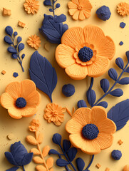 A vibrant 3D clay-style bouquet featuring cute pastel flowers and textured leaves. The artistic composition uses an orange backdrop with blue and green accents for a cheerful, tactile feel.
