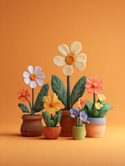 A vibrant 3D clay-style bouquet featuring cute pastel flowers and textured leaves. The artistic composition uses an orange backdrop with blue and green accents for a cheerful, tactile feel.
