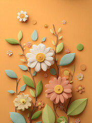 A vibrant 3D clay-style bouquet featuring cute pastel flowers and textured leaves. The artistic composition uses an orange backdrop with blue and green accents for a cheerful, tactile feel.

