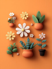 A vibrant 3D clay-style bouquet featuring cute pastel flowers and textured leaves. The artistic composition uses an orange backdrop with blue and green accents for a cheerful, tactile feel.
