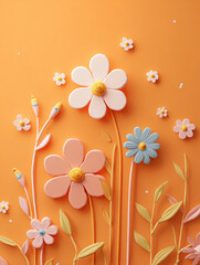 A vibrant 3D clay-style bouquet featuring cute pastel flowers and textured leaves. The artistic composition uses an orange backdrop with blue and green accents for a cheerful, tactile feel.
