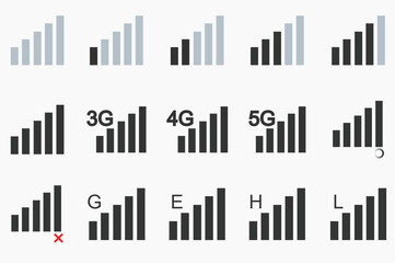 Collection of mobile network signal strength indicators: 5G, 4G, 3G, E, G, H, L, and a 'no service' symbol on white background, vector icons representing connectivity.