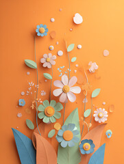 A vibrant 3D clay-style bouquet featuring cute pastel flowers and textured leaves. The artistic composition uses an orange backdrop with blue and green accents for a cheerful, tactile feel.
