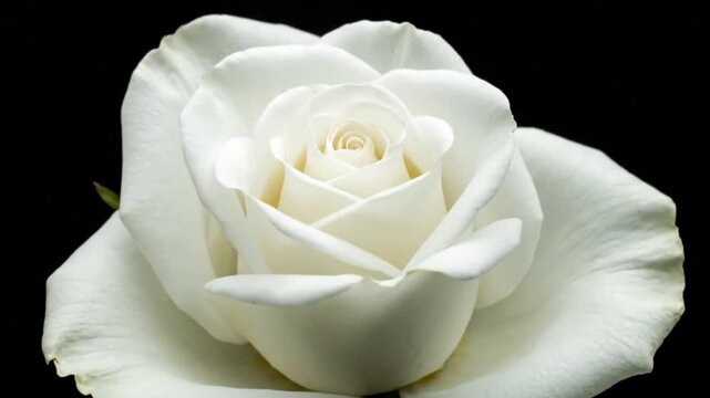 Elegant white rose blooming slowly against a solid black background