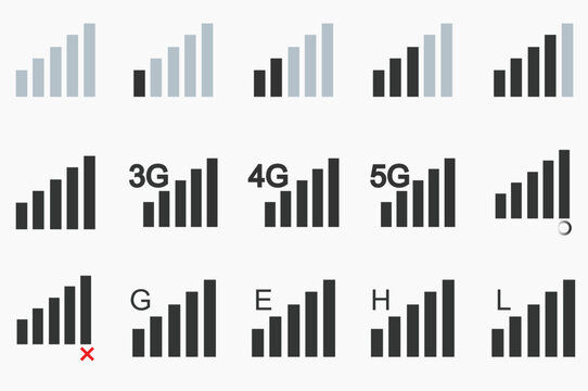 Collection of mobile network signal strength indicators: 5G, 4G, 3G, E, G, H, L, and a 'no service' symbol on white background, vector icons representing connectivity.