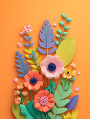 A vibrant 3D clay-style bouquet featuring cute pastel flowers and textured leaves. The artistic composition uses an orange backdrop with blue and green accents for a cheerful, tactile feel.
