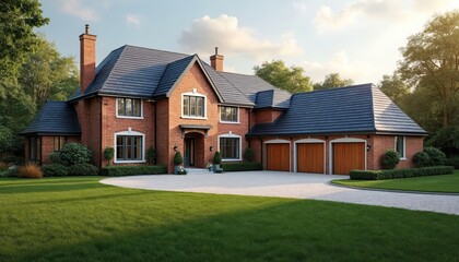 Obraz premium Spacious red brick house with dark roof and three wooden garage doors. Extensive gravel driveway surrounds the well manicured green lawn and garden. Tall trees provide shade.