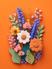 A vibrant 3D clay-style bouquet featuring cute pastel flowers and textured leaves. The artistic composition uses an orange backdrop with blue and green accents for a cheerful, tactile feel.

