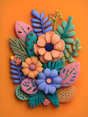 A vibrant 3D clay-style bouquet featuring cute pastel flowers and textured leaves. The artistic composition uses an orange backdrop with blue and green accents for a cheerful, tactile feel.

