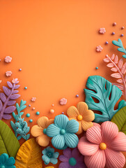 A vibrant 3D clay-style bouquet featuring cute pastel flowers and textured leaves. The artistic composition uses an orange backdrop with blue and green accents for a cheerful, tactile feel.
