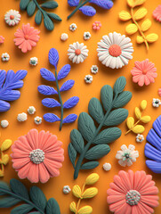 A vibrant 3D clay-style bouquet featuring cute pastel flowers and textured leaves. The artistic composition uses an orange backdrop with blue and green accents for a cheerful, tactile feel.
