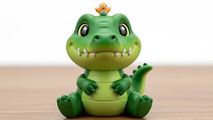 Fototapeta premium Green toy dinosaur with crown on head.