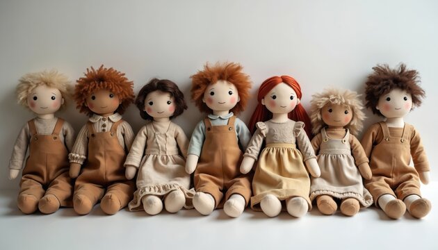 Seven diverse textile dolls sit in a row wearing simple muted clothes. Soft faces and yarn hair create charming characters. Studio shot emphasizes crafted uniqueness and gentle aesthetic.