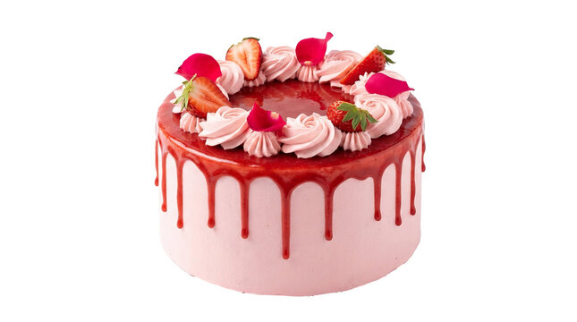 Pink strawberry cake featuring sweet frosting, red glaze, fresh fruit, transparent background