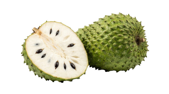 Fresh soursop fruit whole and half cut showing white flesh and seeds transparent background