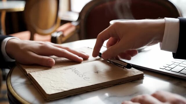 Hand holding fountain pen writing in notebook on marble table