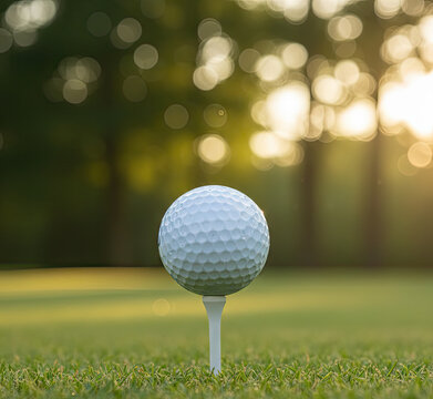 Golf ball on tee in lush green grass with sunny bokeh background