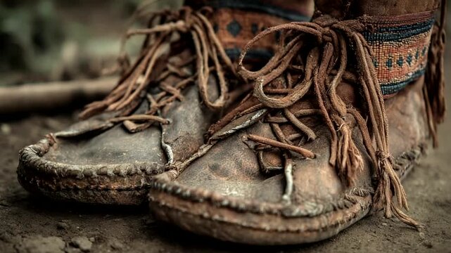 Close-up of Traditional Leather Moccasins with Detailed Stitching and Laces.
