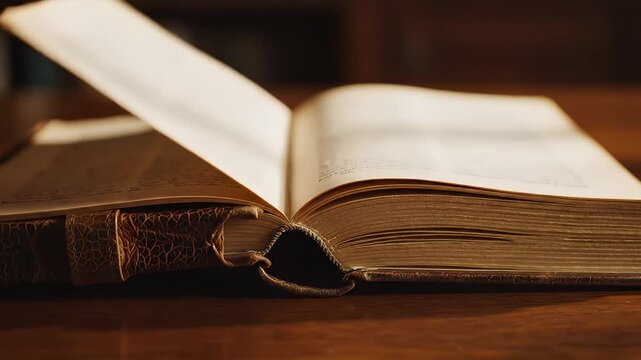 Ancient Open Book with Quill in Warm Library Light.
