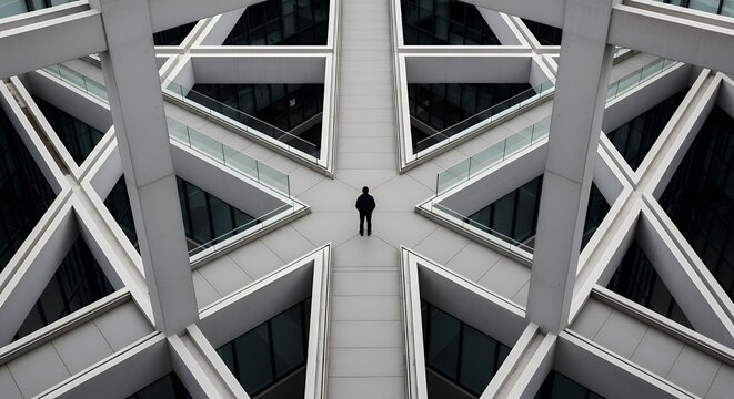 A person stands at a crossroads created by intersecting architectural lines The structure feels modern and abstract The subject pauses at the center Strong geometric decision-making concept