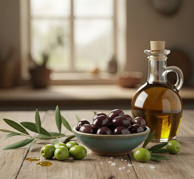 Fresh olives and olive oil on wooden table