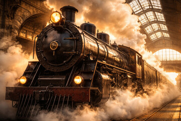 Naklejka premium Majestic steam locomotive surrounded by clouds of steam at station