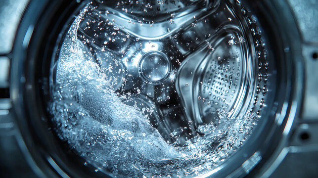 Close-Up View Inside Washing Machine with Bubbling Water and Soap