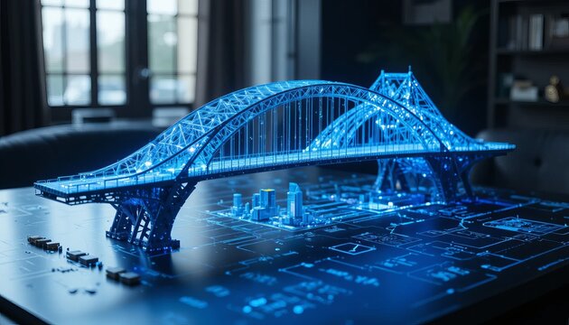 Glowing blue bridge model on futuristic city circuit board
