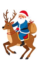 Fototapeta premium Santa, with a white beard and red hat, rides a brown reindeer with a sack on its back, on a white background