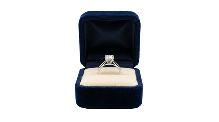 A brilliant diamond engagement ring displayed in an open blue velvet box transparent background