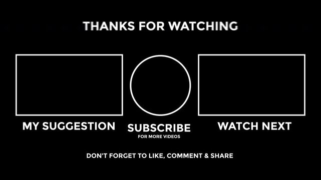 End screen youtube template with viewer prompts. Ideal for video creators to engage audience and encourage interaction after video.