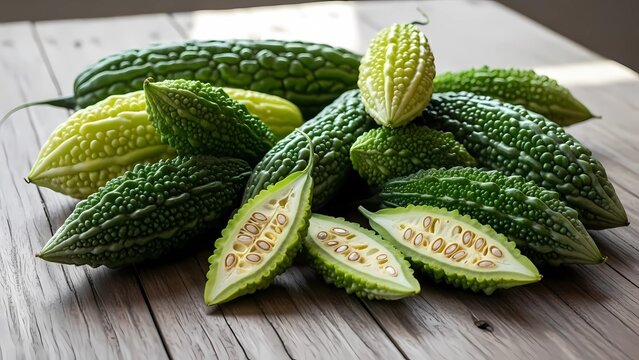Fresh bitter gourds on rustic wooden table with natural light