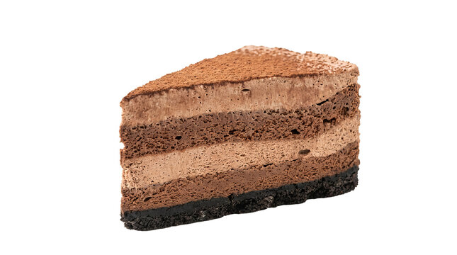 Rich delicious layered chocolate mousse cake slice with cocoa powder on transparent background