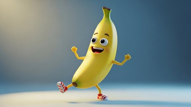 Smiling cartoon banana on roller skates.