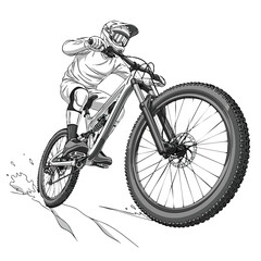 Obraz premium Mountain Biker Downhill Cycling. Dynamic Illustration. Grayscale Line Art. Action Sport Vector.