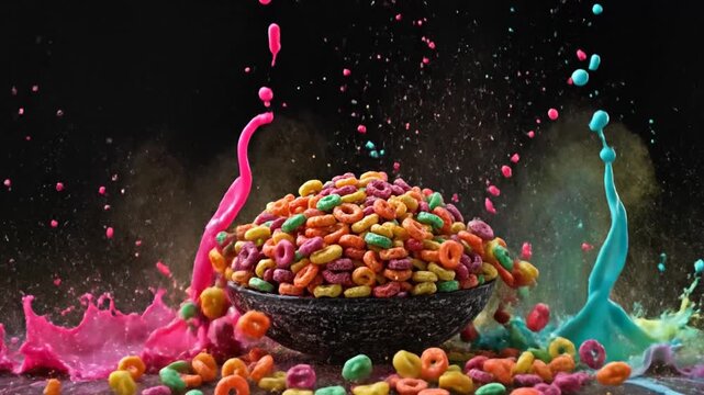 Colorful cereal in a dark bowl with vibrant liquid splashes on a black background