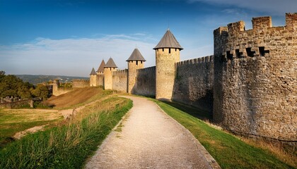 ancient stone fortress wall with crenellated towers and pathway