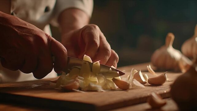 Chefs Hands Expertly Mincing Fresh Garlic Cloves on a Wooden Cutting Board.